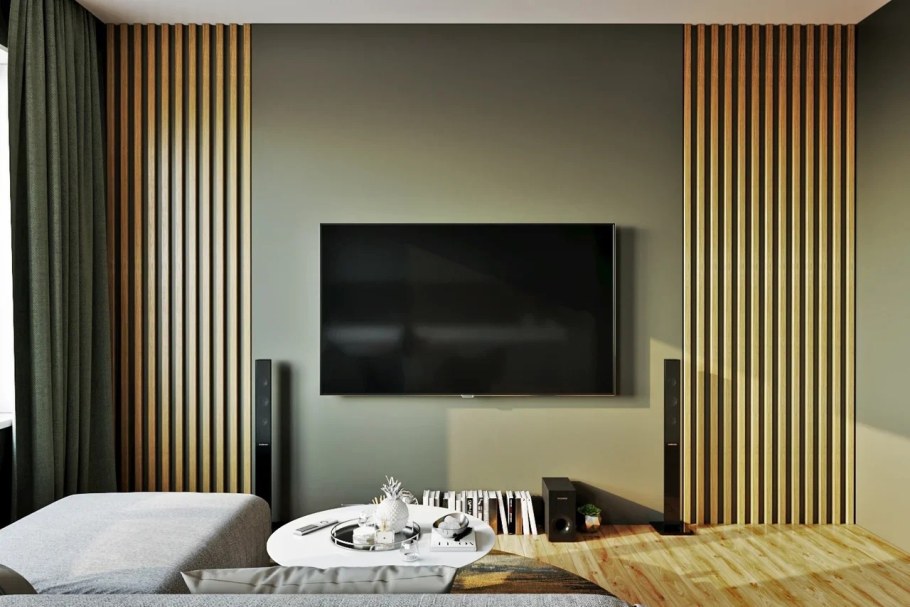 Деревянные рейки в интерьере гостиной