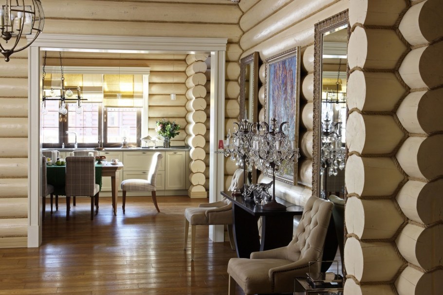 Дом из оцилиндрованного бревна внутри интерьер