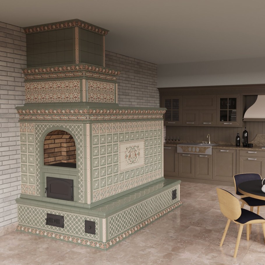 Русская печь с изразцами с лежанкой