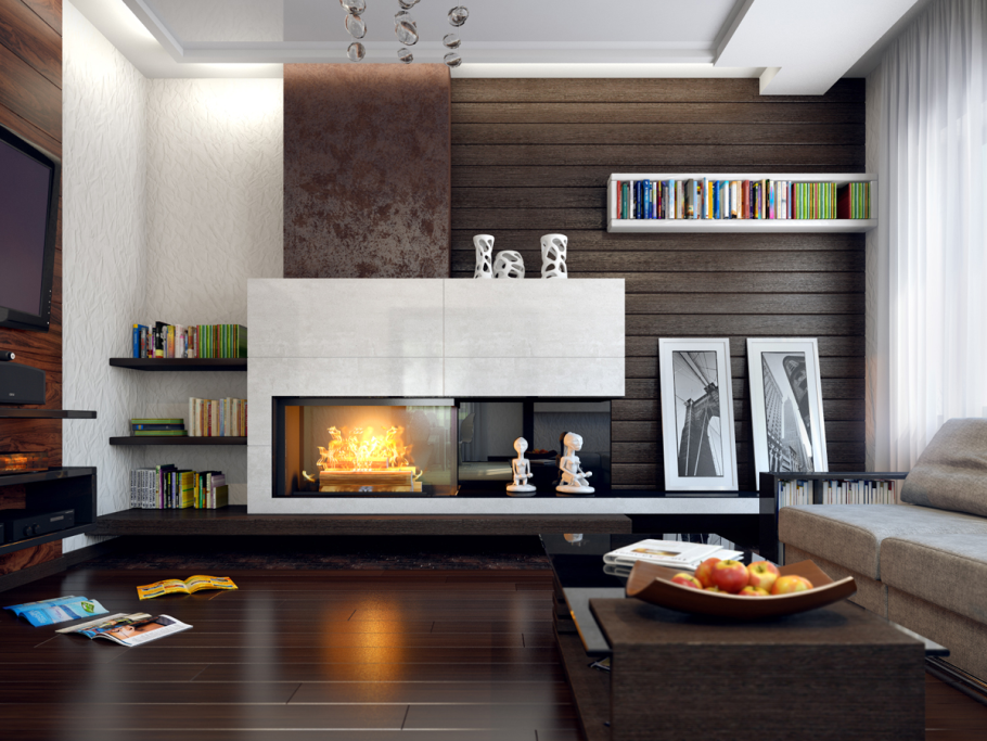 Современная гостиная с камином