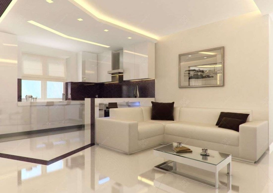 Современная кухня гостиная в светлых тонах