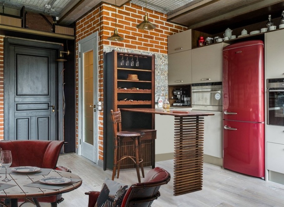 Холодильник в интерьере кухни лофт