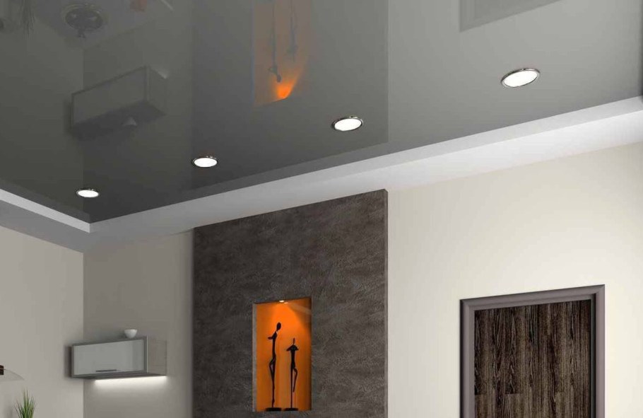 Серый глянцевый натяжной потолок