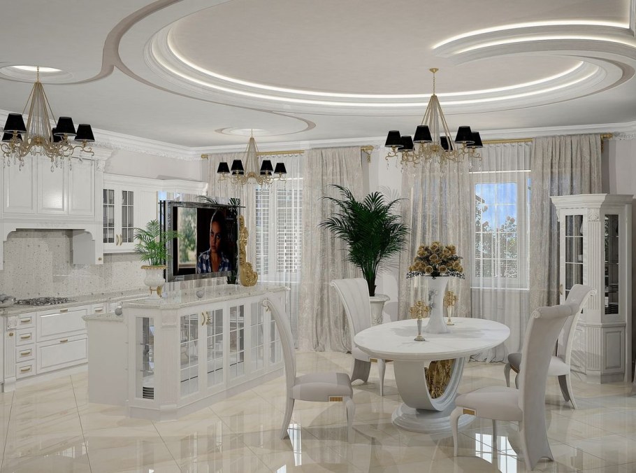 Столовая гостиная в частном доме белая