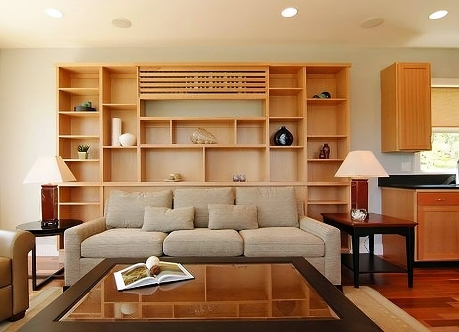 Стеллаж за диваном в гостиной