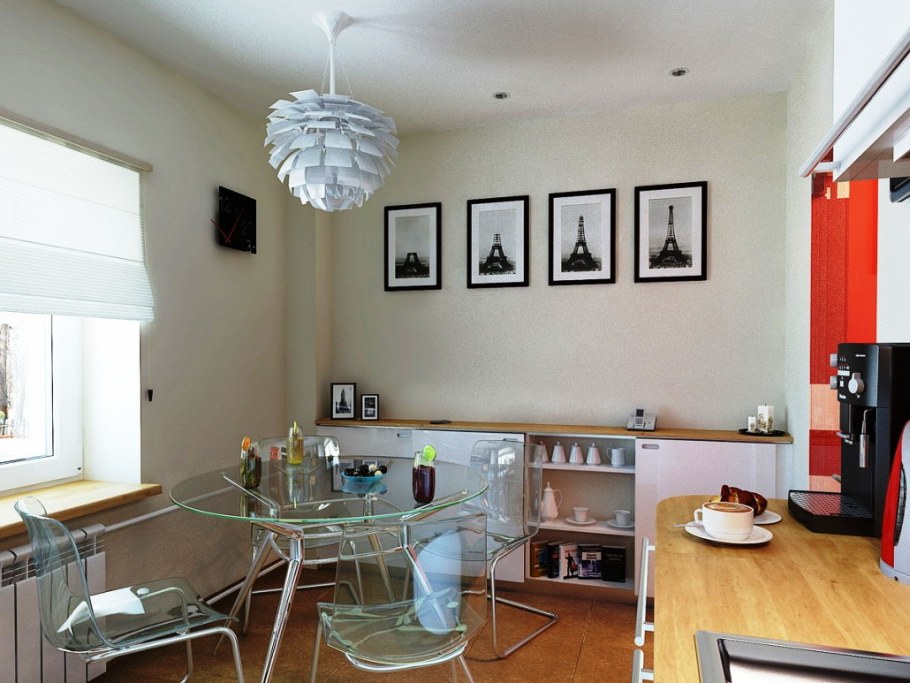 Прозрачные стулья для кухни в интерьере гостиной