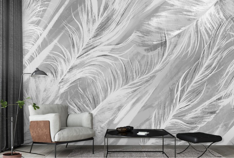 Фотообои перья в интерьере кухни