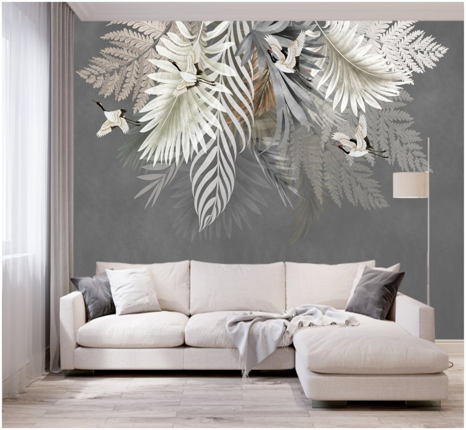 Обои с листьями в интерьере гостиной