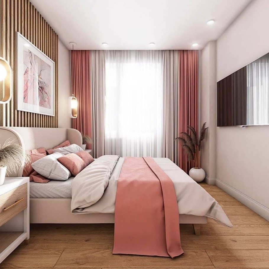 Бежевая спальня с яркими акцентами