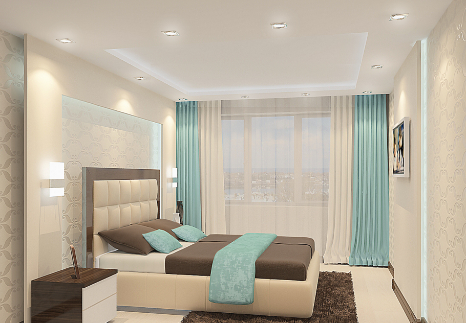 Спальня в бежево бирюзовых тонах