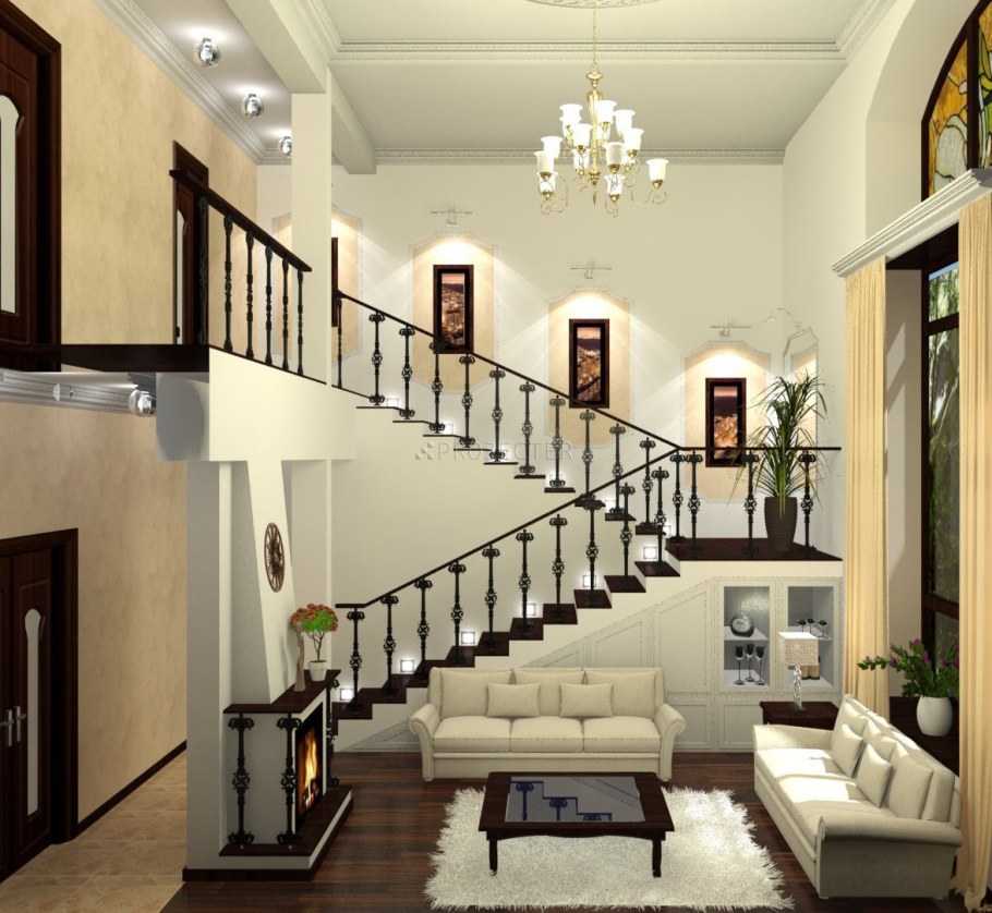 Гостиная с лестницей на второй этаж