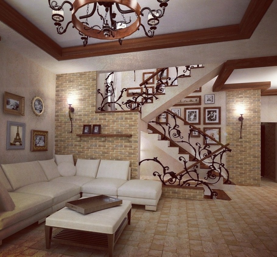 Лестница в интерьере гостиной