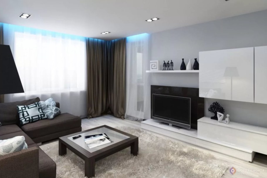 Серо белый интерьер гостиной