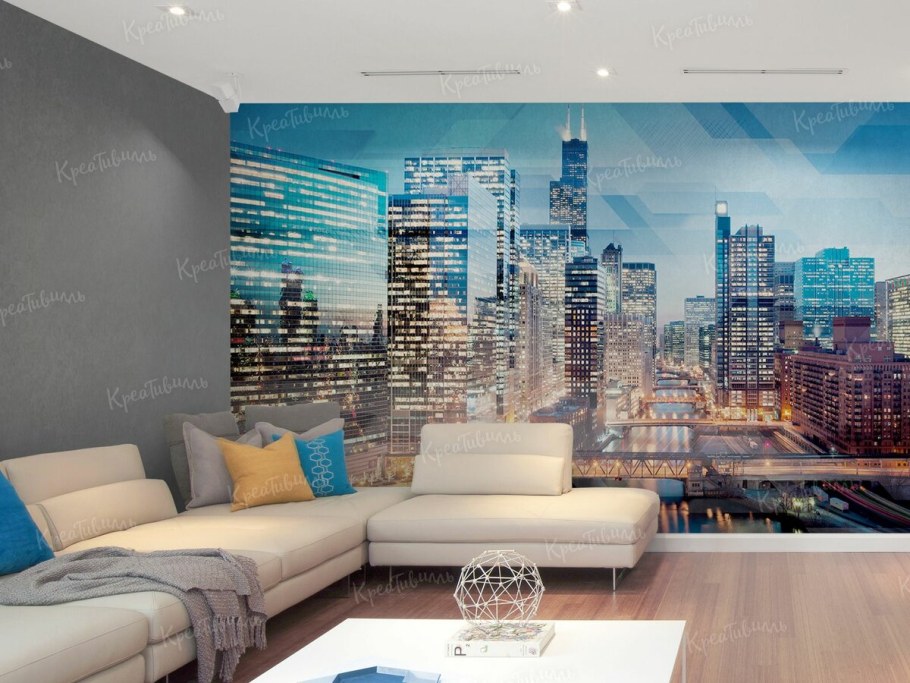 Фотообои ночной город в интерьере спальни