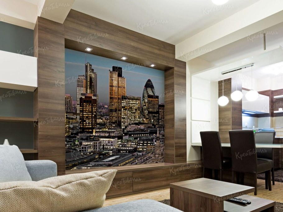 Ночной город в интерьере гостиной