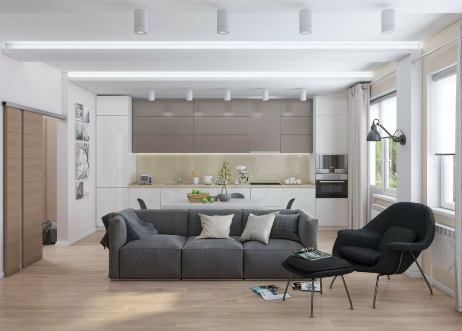 Квадратная кухня гостиная 24 кв