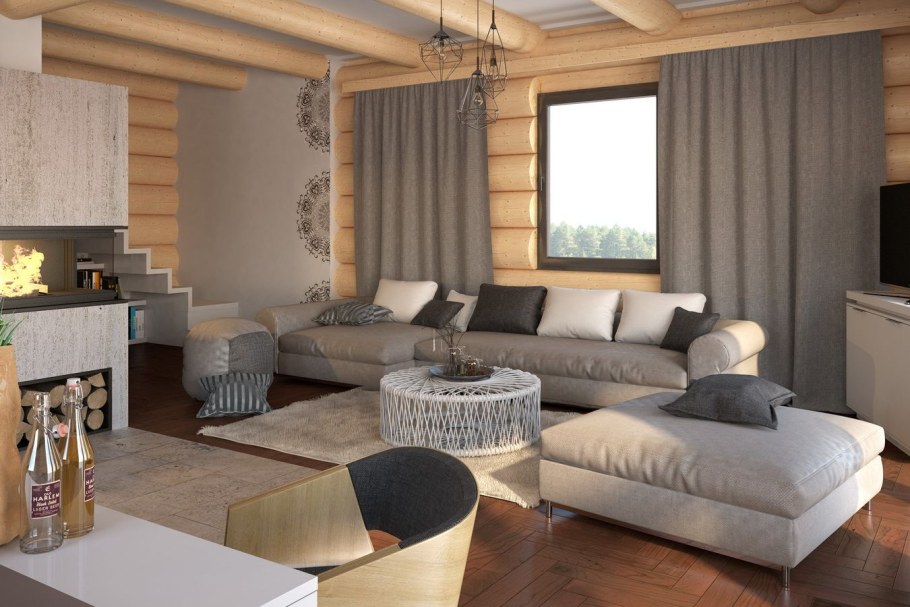 Диван в гостиную в деревянном доме