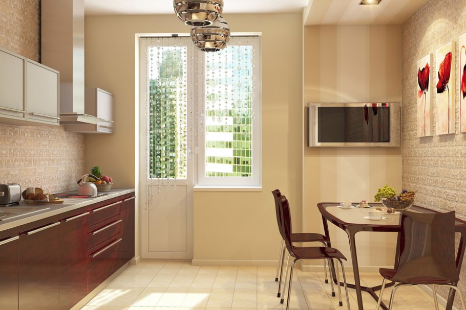 Интерьер кухни 11м2 с выходом на балкон