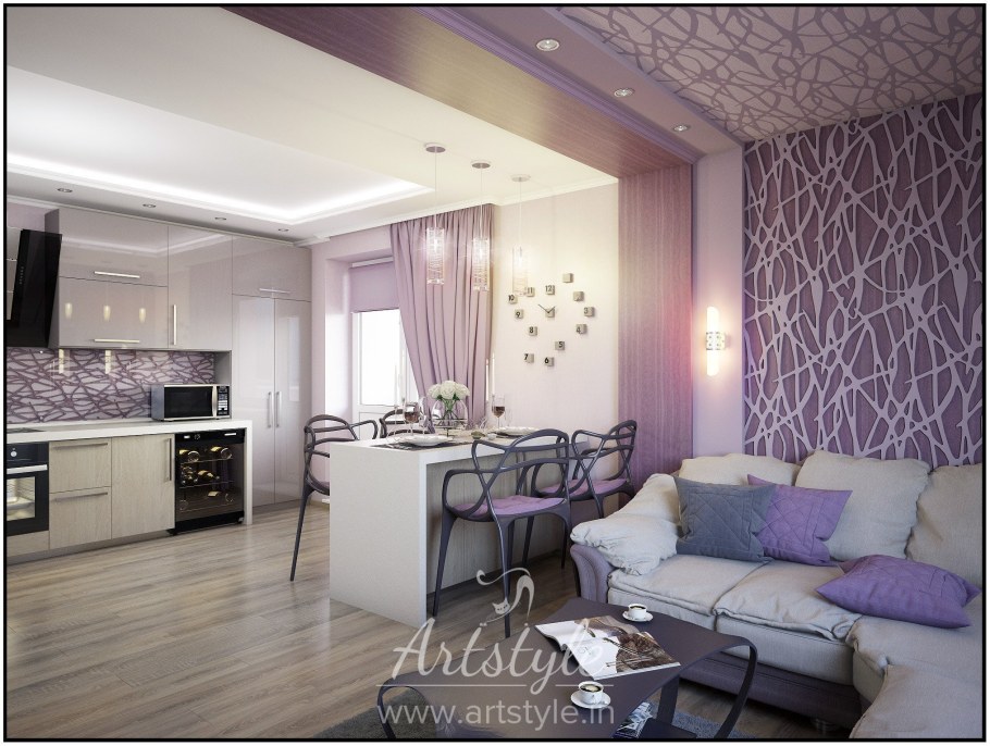 Кухня гостиная в сиреневом цвете