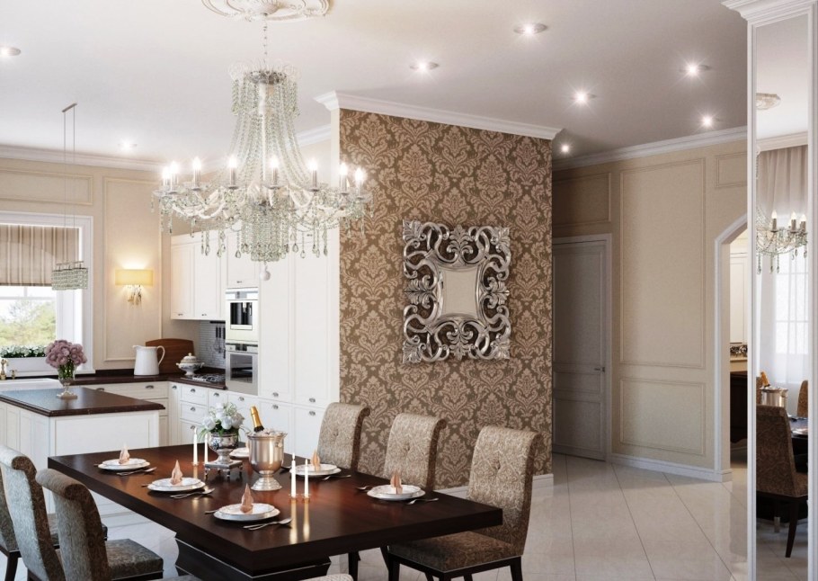 Обои с вензелями в интерьере кухни