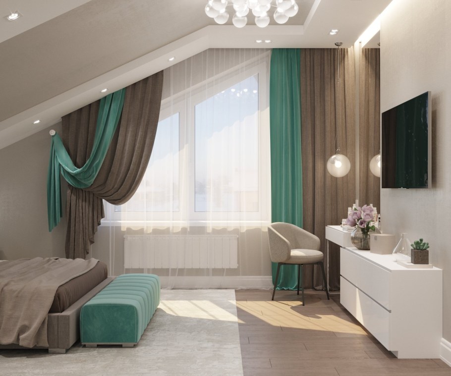 Бежево бирюзовая спальня