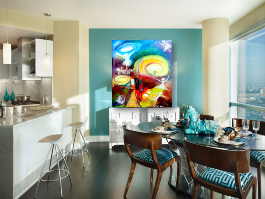 Картины в голубой кухне в интерьере