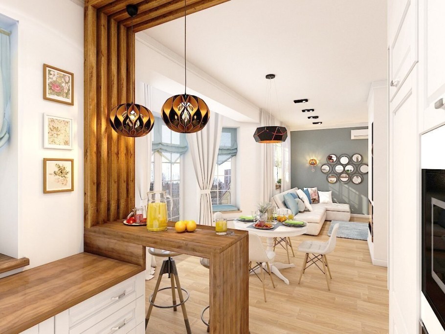 Кухня в скандинавском стиле с барной стойкой