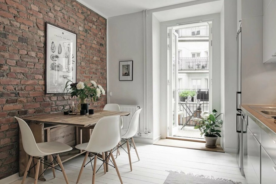 Кухня Сканди с белым кирпичом