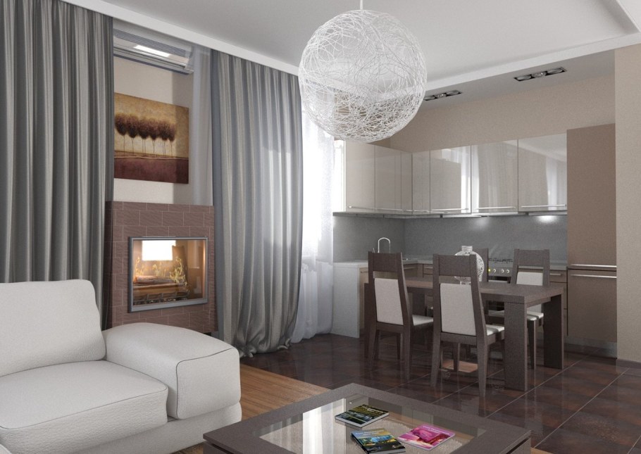 Шторы в гостиной объединенной с кухней