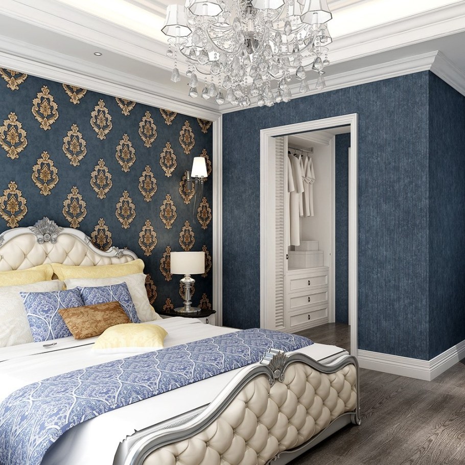 Голубые обои в спальне