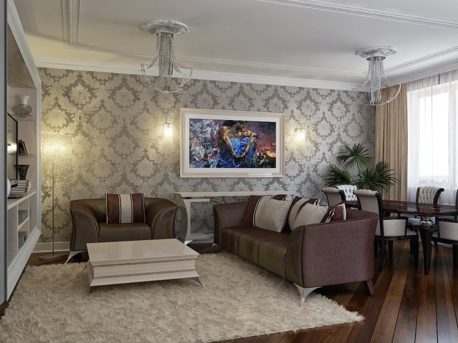 Обои с вензелями в интерьере зала фото