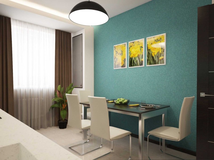 Однотонные обои в интерьере кухни