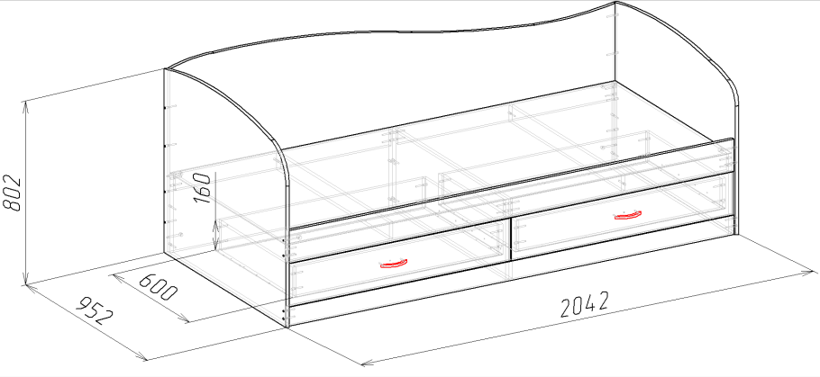 Кровать 2000х900 с ящиками чертеж