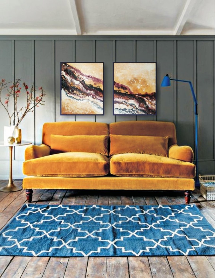 Картина в интерьер желтый черный серый диптих