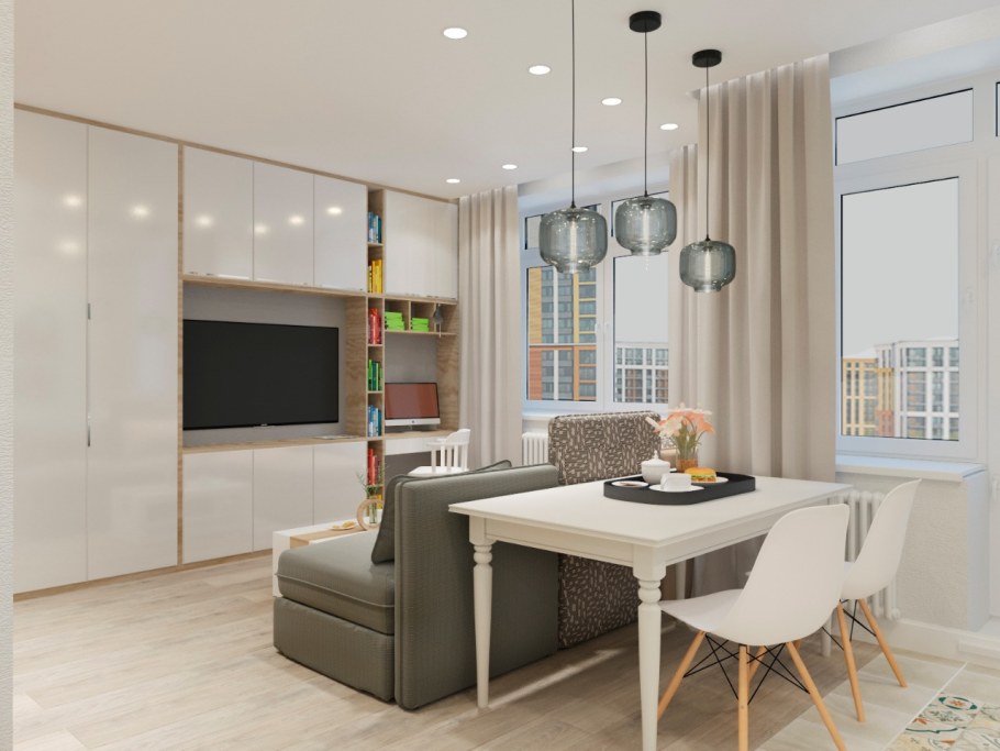 Квадратная кухня гостиная