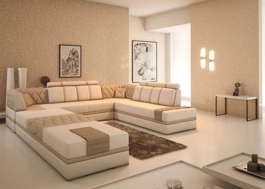 Бежевый кожаный диван в интерьере