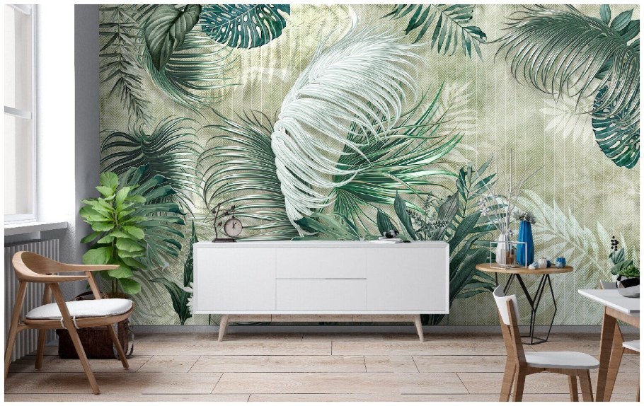 Обои с тропическими листьями в интерьере