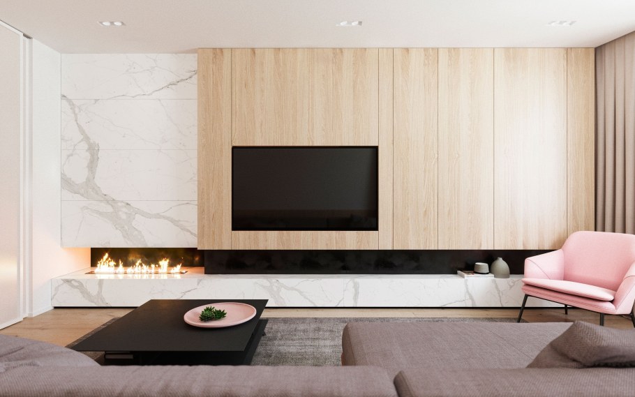 Камин в минимализме в интерьере