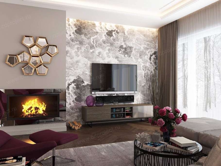 Декор в гостиной с камином в современном стиле