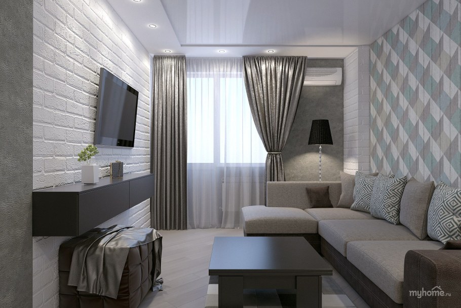 Гостиная с серыми обоями