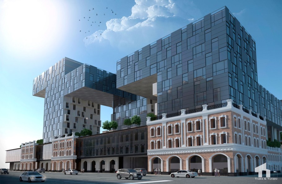 Современное здание в исторической застройке