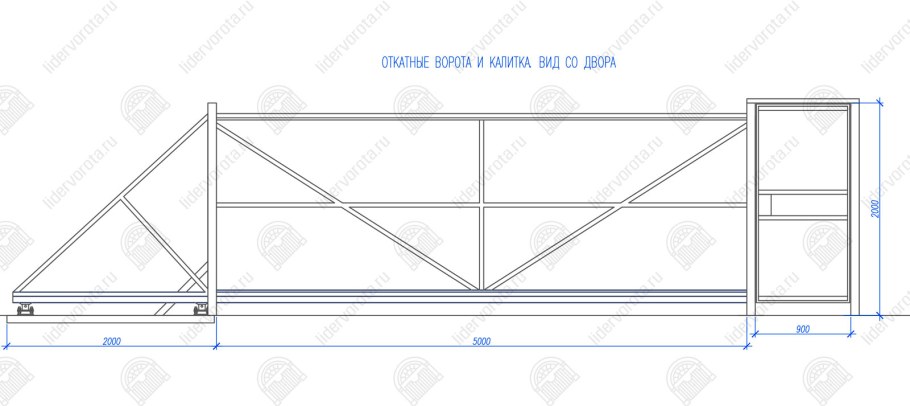 Чертёж откатных ворот с калиткой проём 3м