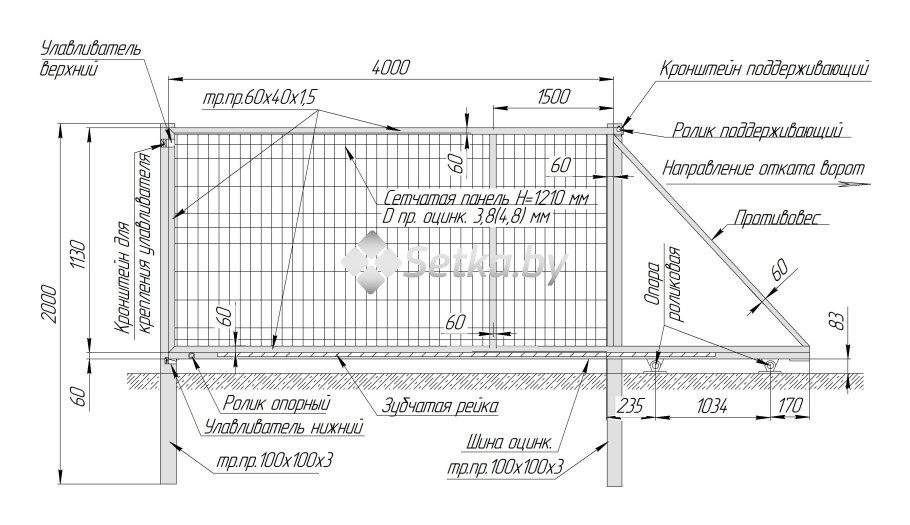 Чертёж откатных ворот проём 3м