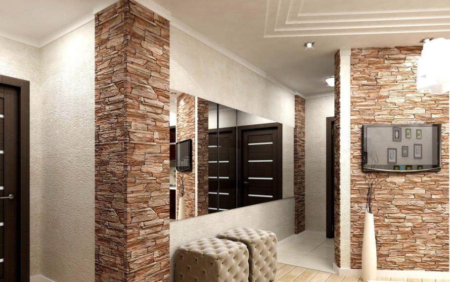 Прихожая отделанная камнем декоративным