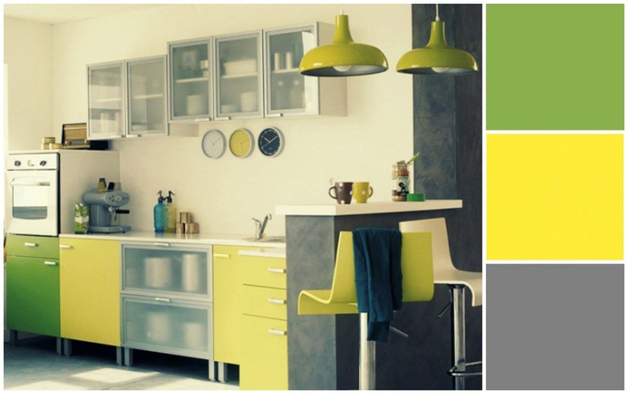 Серо желтая зеленая кухня