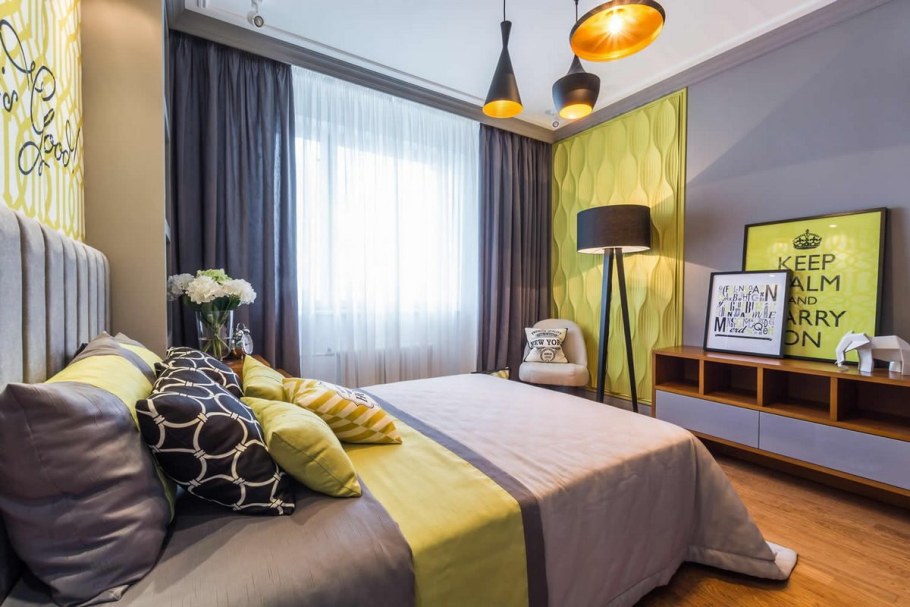 Спальня в серо желтых тонах