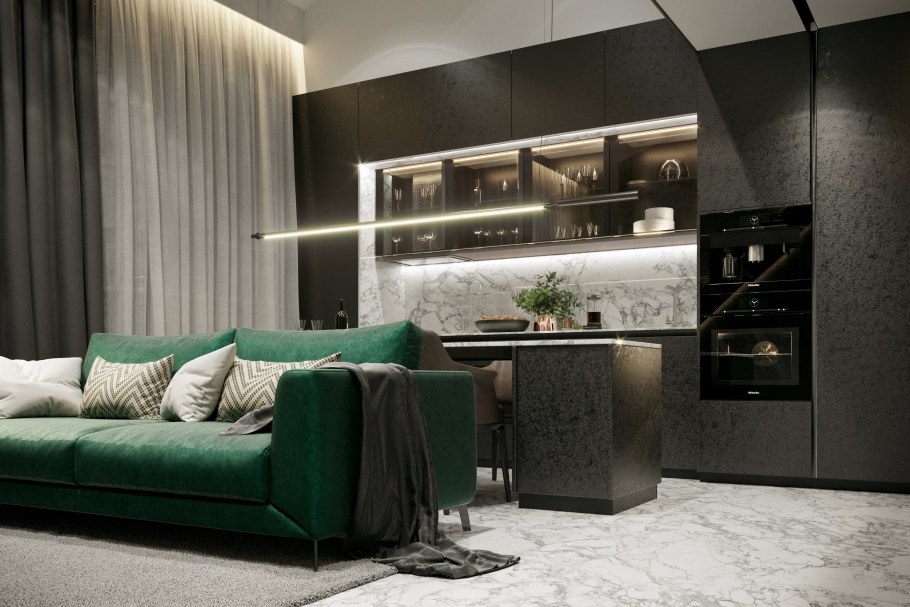 Гостиная с изумрудным диваном