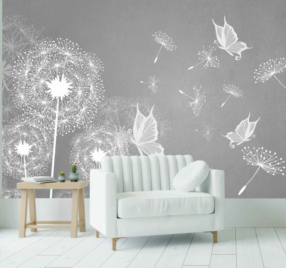 Серые обои с одуванчиками в интерьере