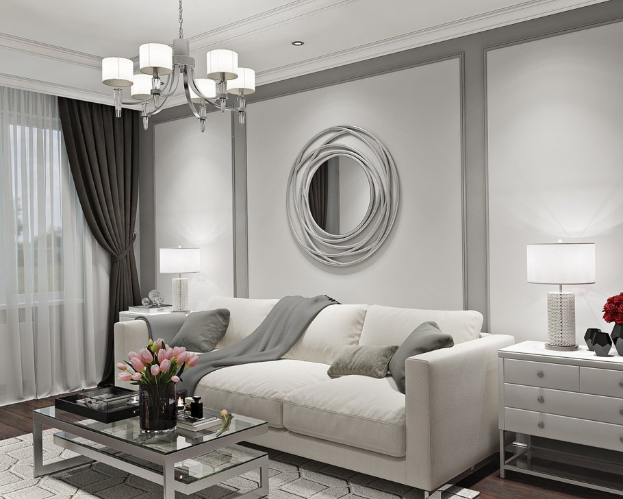 Гостиннаяв стиле Неоклассика серая мебель