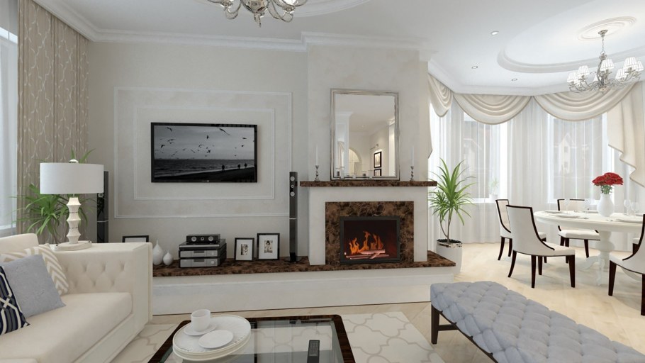 Гостиная с камином в светлых тонах